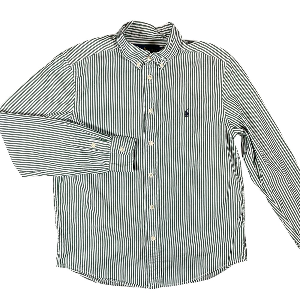 Ralph Lauren Boys Green White Striped Button Down Shirt L 14-16 Natural Stretch